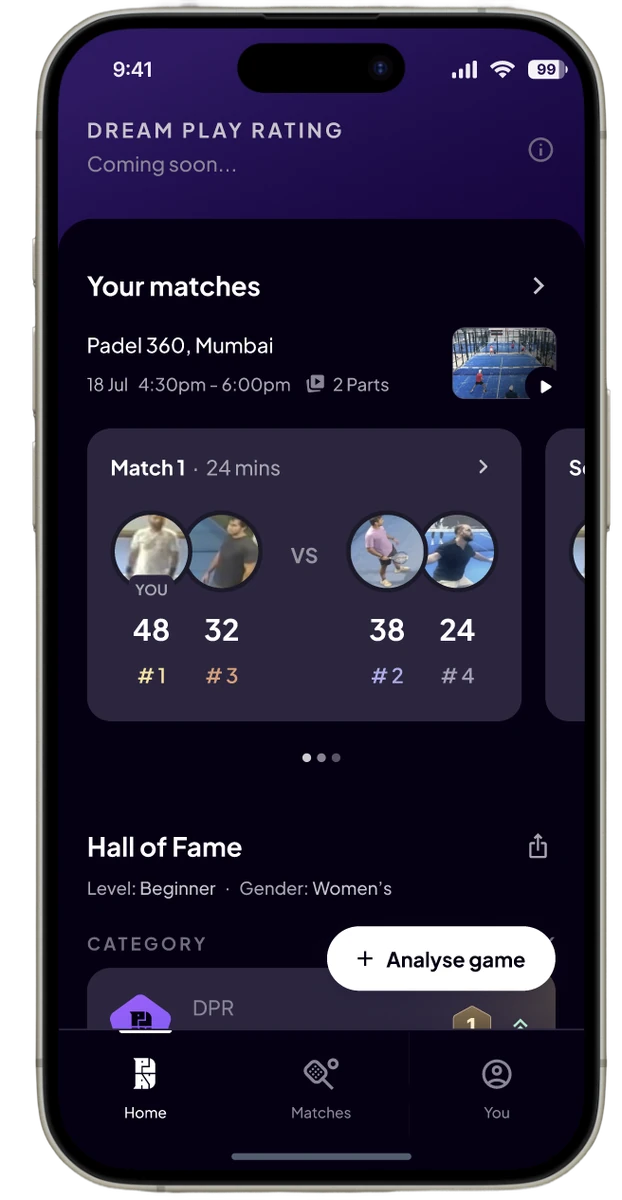 Dream 11 AI padel intelligence phone mockup